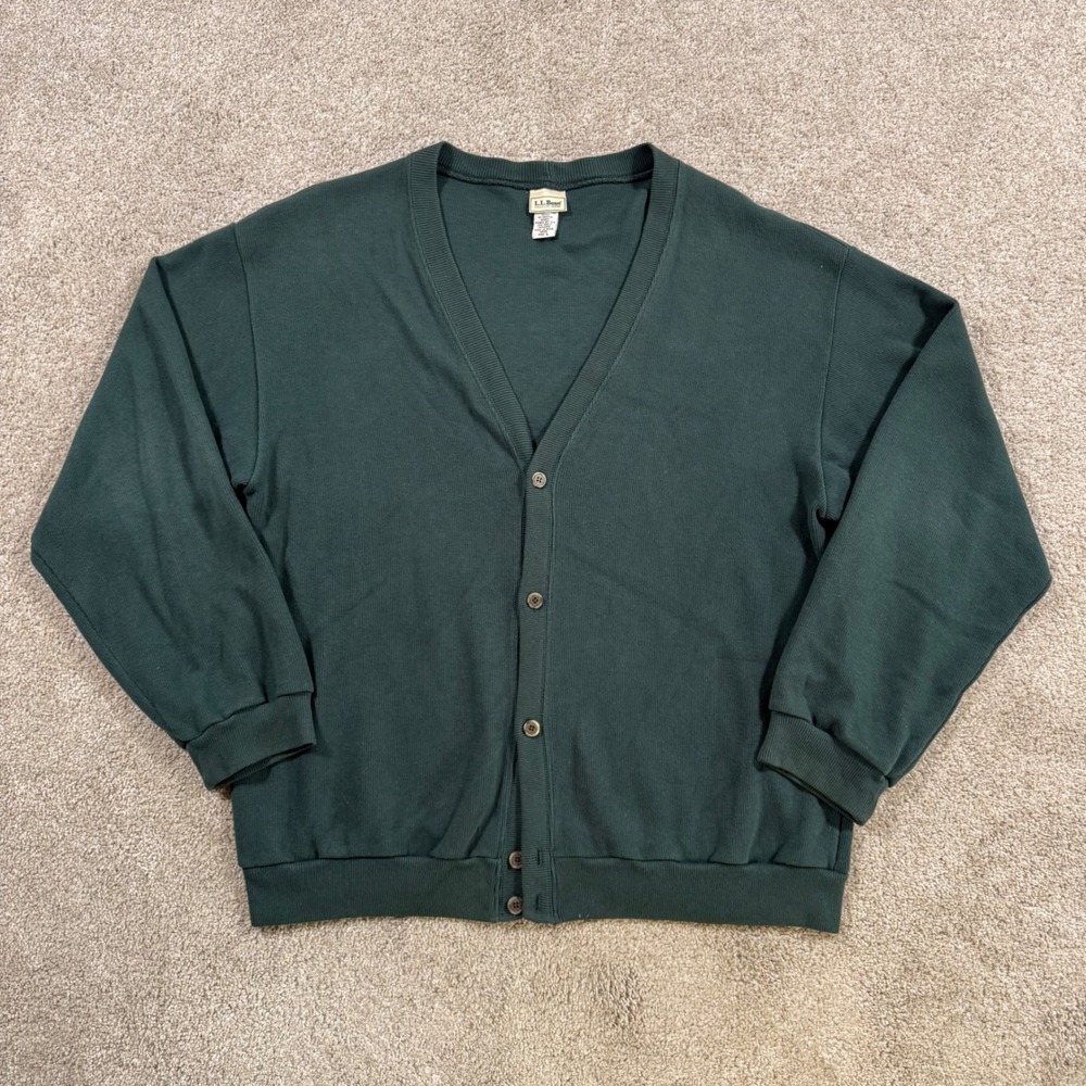 Vintage LL Bean Mens Large Green Ribbed Knit Cardigan Sweater Made in USA Forest